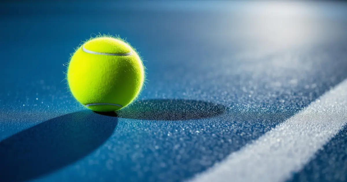 Ein gelbgrüner Filzball liegt neben einer weißen Linie auf einem blauen Court und wirft im Flutlicht einen langen Schatten