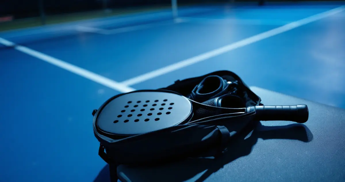 Geöffnete schwarze Padeltasche auf einer Bank am Court, darin ein dunkler Padelschläger und weiteres Zubehör