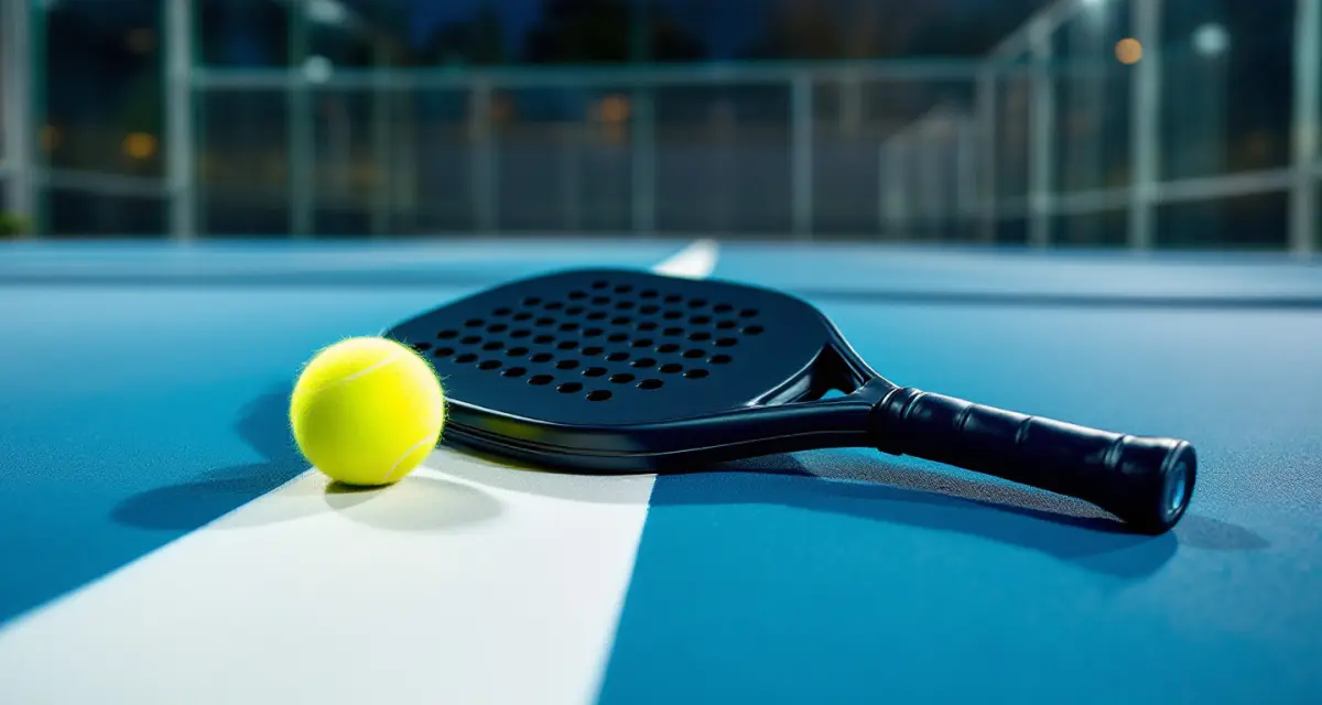Ein Padelschläger mit gelochter Schlagfläche und ein gelbgrüner Ball liegen auf einer weißen Linie eines blauen Courts