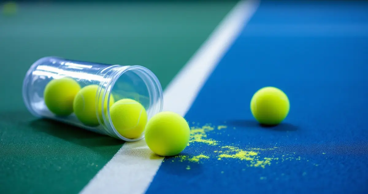 Eine umgekippte, geöffnete Balldose, aus der gelbgrüne Padelbälle rollen, liegt an der weißen Linie zwischen grünem und blauem Belag
