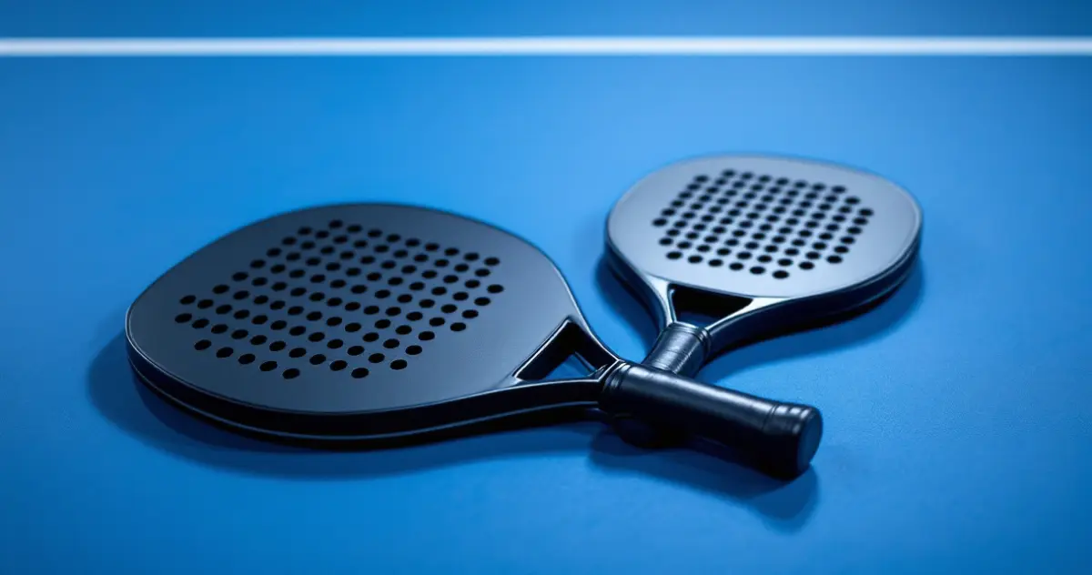Ein großer und ein deutlich kleinerer Padelschläger, beide dunkel und ohne Aufdruck, liegen überkreuzt auf einem blauen Court