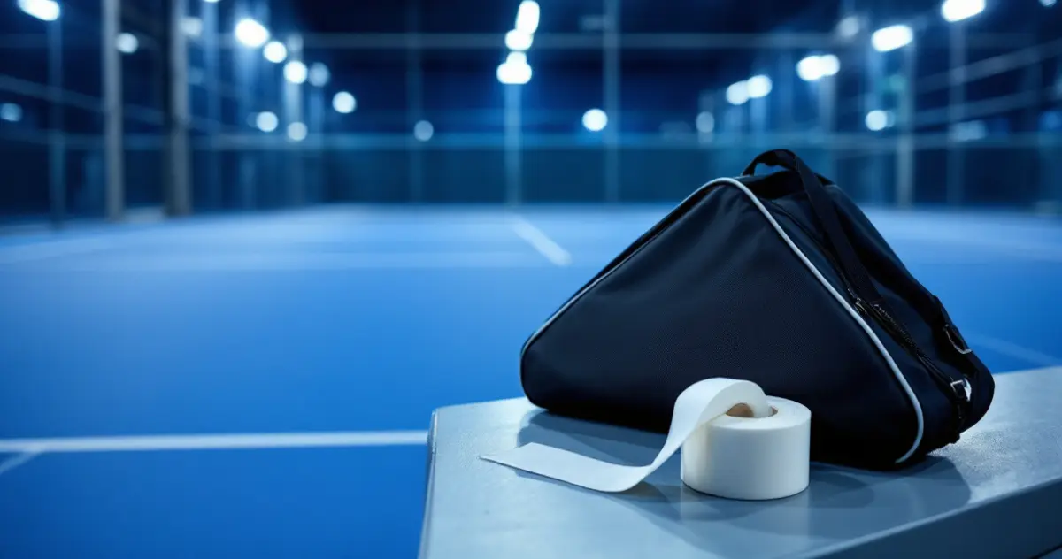 Eine schwarze Schlägertasche und eine Rolle weißes Griffband liegen auf einer Bank in einer Padelhalle mit blauen Courts im Hintergrund